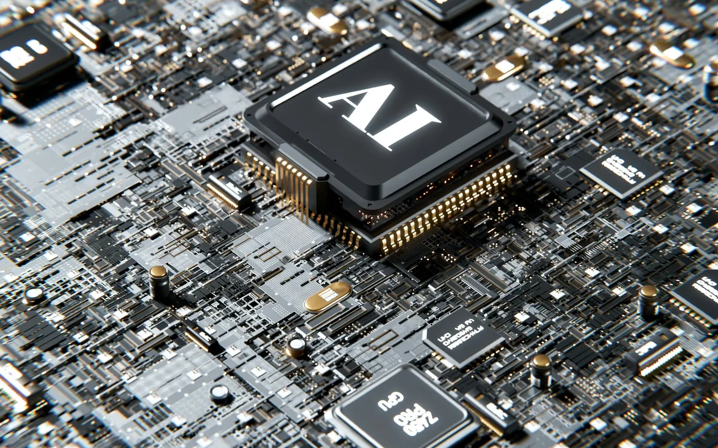 Puce électronique marquée « AI » sur une carte de circuits