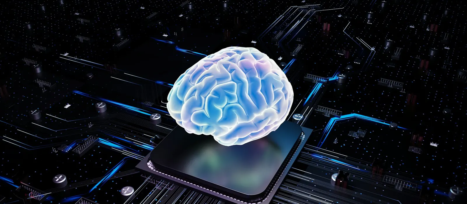 Cerveau lumineux posé sur un processeur, symbole de l’intelligence artificielle