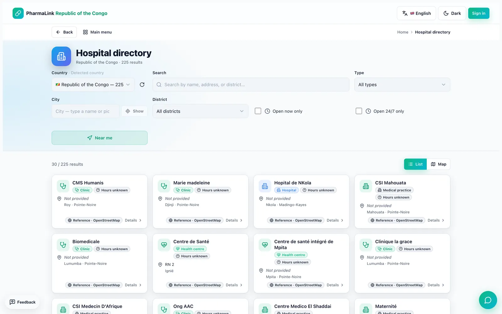 Annuaire des hôpitaux et établissements de santé dans PharmaLink (interface en anglais) — instance de démonstration